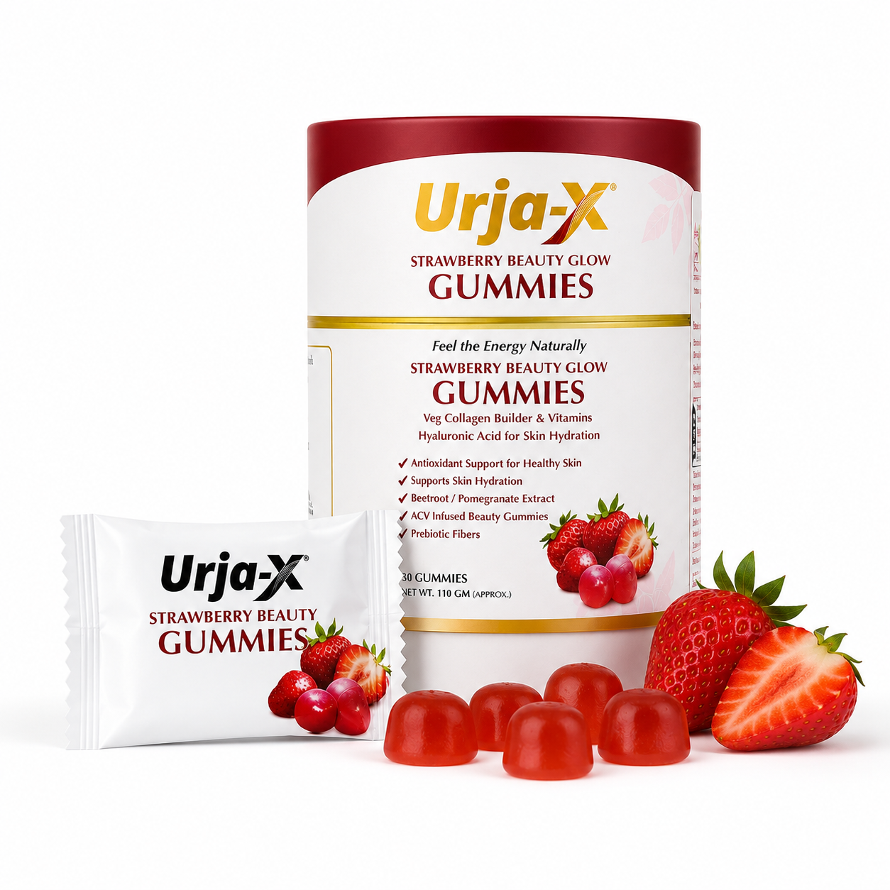 Urja-X Strawberry Beauty Glow Gummies – Skin Hydration & Collagen Support (30 Gummies)
